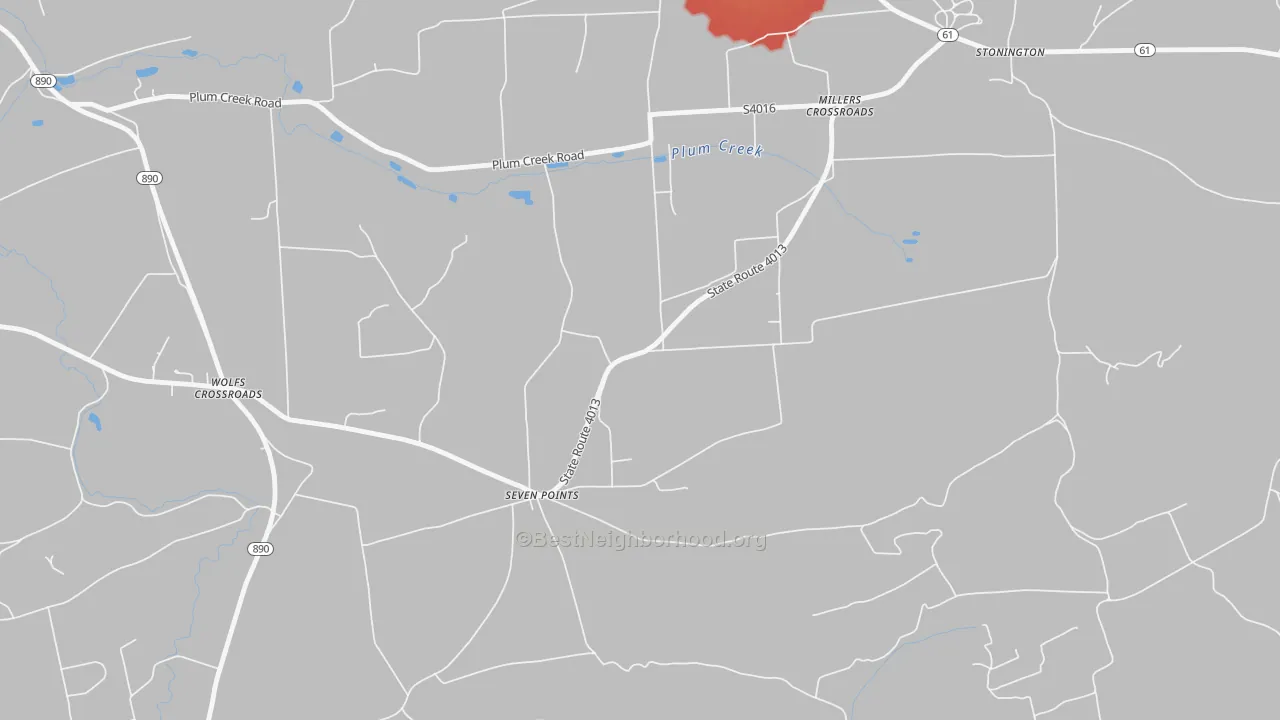 Walk Grade map of Seven Points, PA, walkable areas in green and car-dependent areas in red