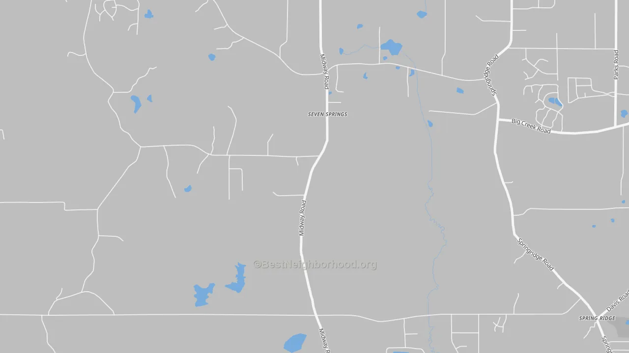 Walk Grade map of Seven Springs, MS, walkable areas in green and car-dependent areas in red