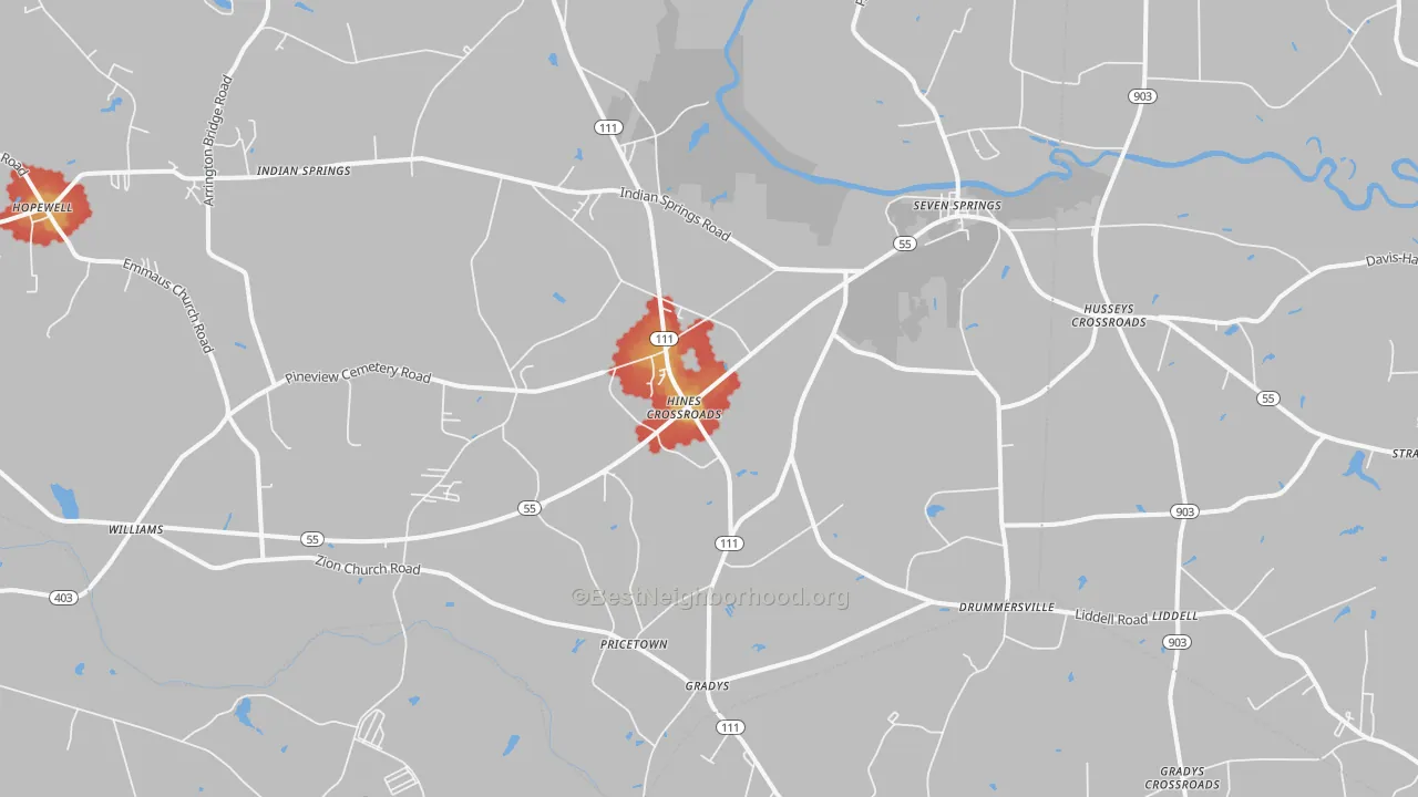 Walk Grade map of Seven Springs, NC, walkable areas in green and car-dependent areas in red