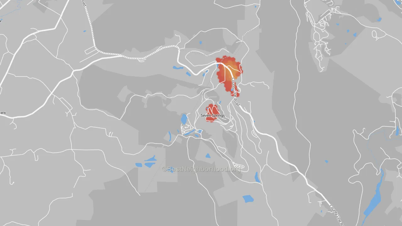 Walk Grade map of Seven Springs, PA, walkable areas in green and car-dependent areas in red