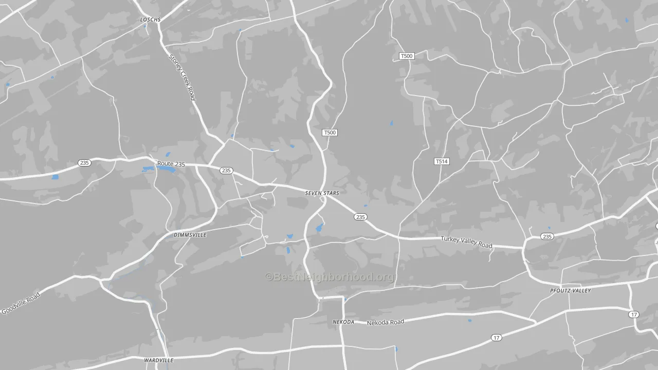 Walk Grade map of Seven Stars, PA, walkable areas in green and car-dependent areas in red