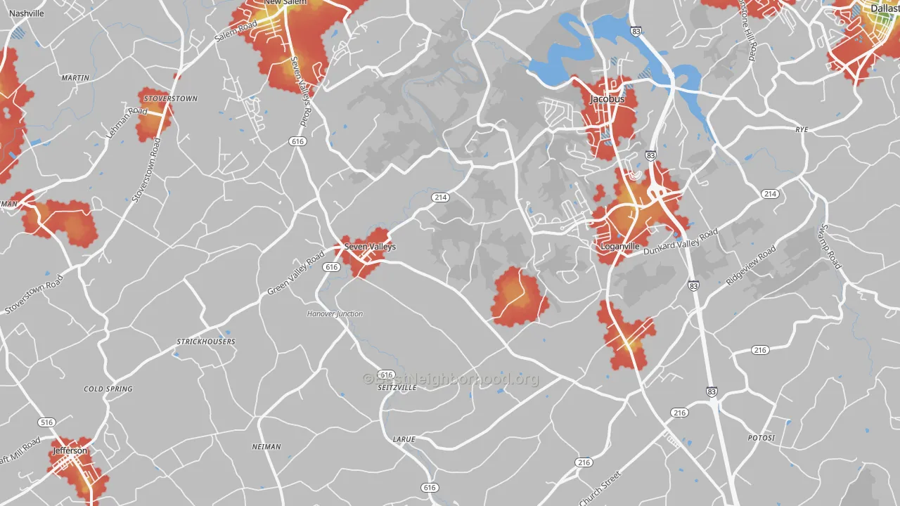 Walk Grade map of Seven Valleys, PA, walkable areas in green and car-dependent areas in red