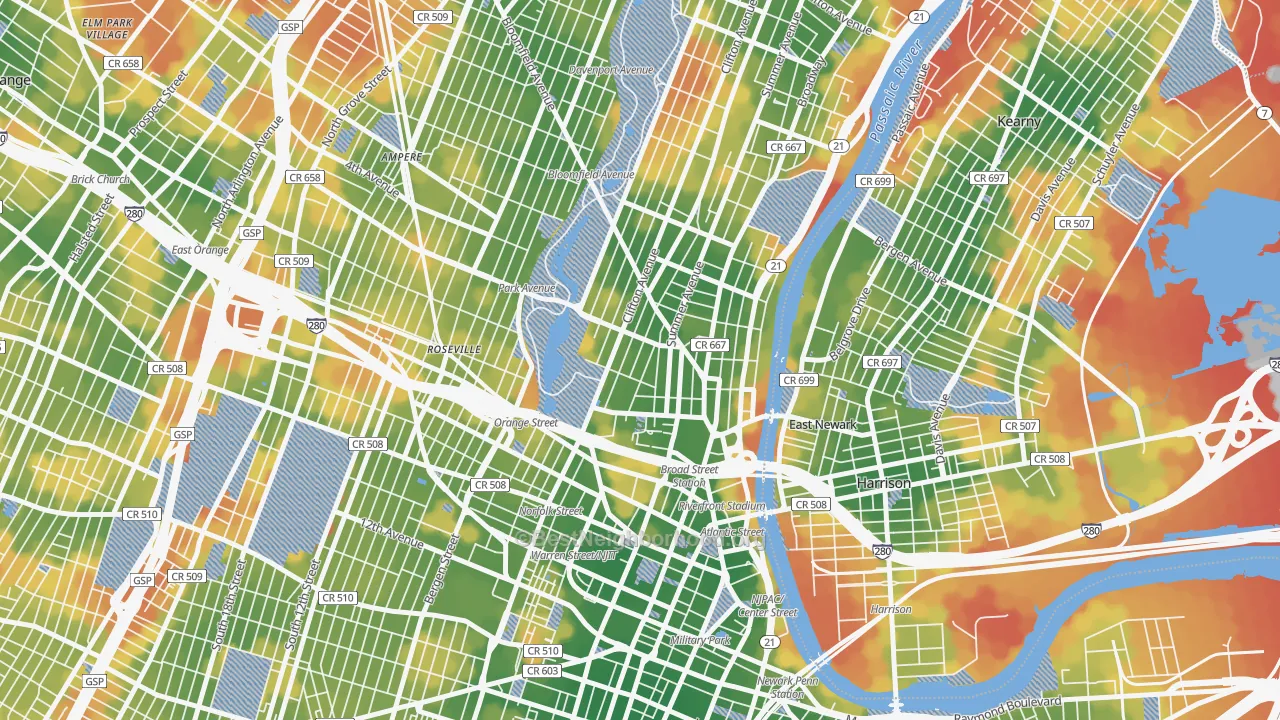 Walk Grade map of Seventh Avenue, Newark, NJ, walkable areas in green and car-dependent areas in red