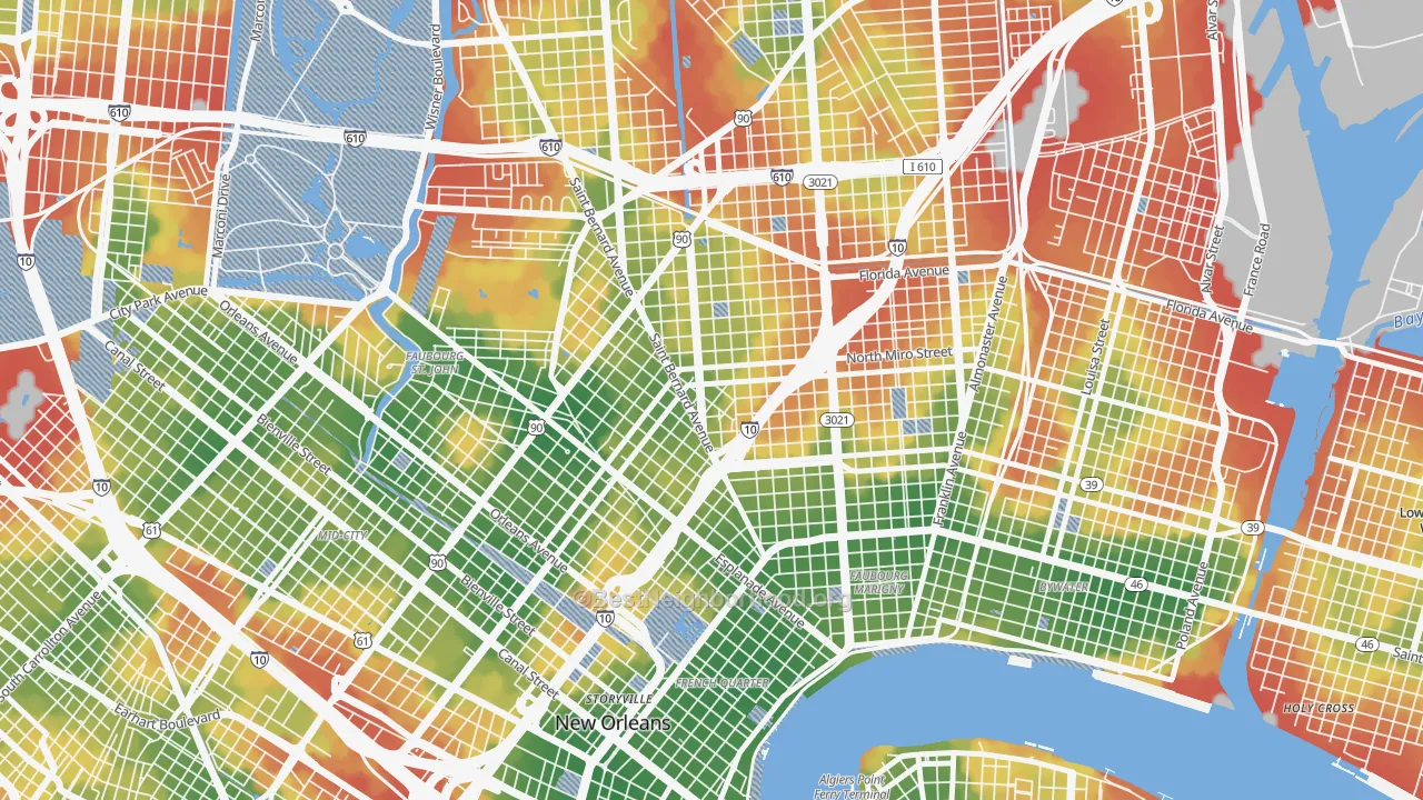 Walk Grade map of Seventh Ward, New Orleans, LA, walkable areas in green and car-dependent areas in red