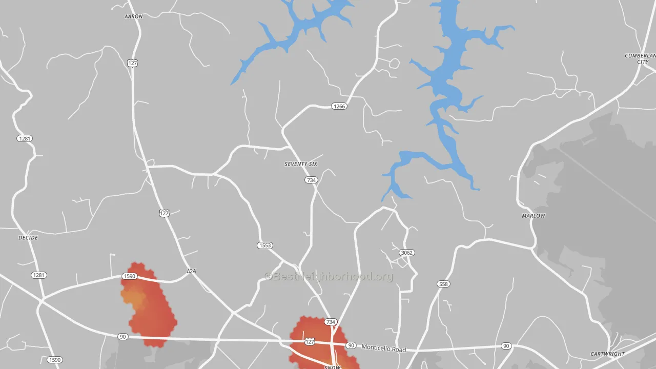 Walk Grade map of Seventy Six, KY, walkable areas in green and car-dependent areas in red
