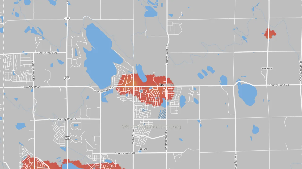 Walk Grade map of Severance, CO, walkable areas in green and car-dependent areas in red