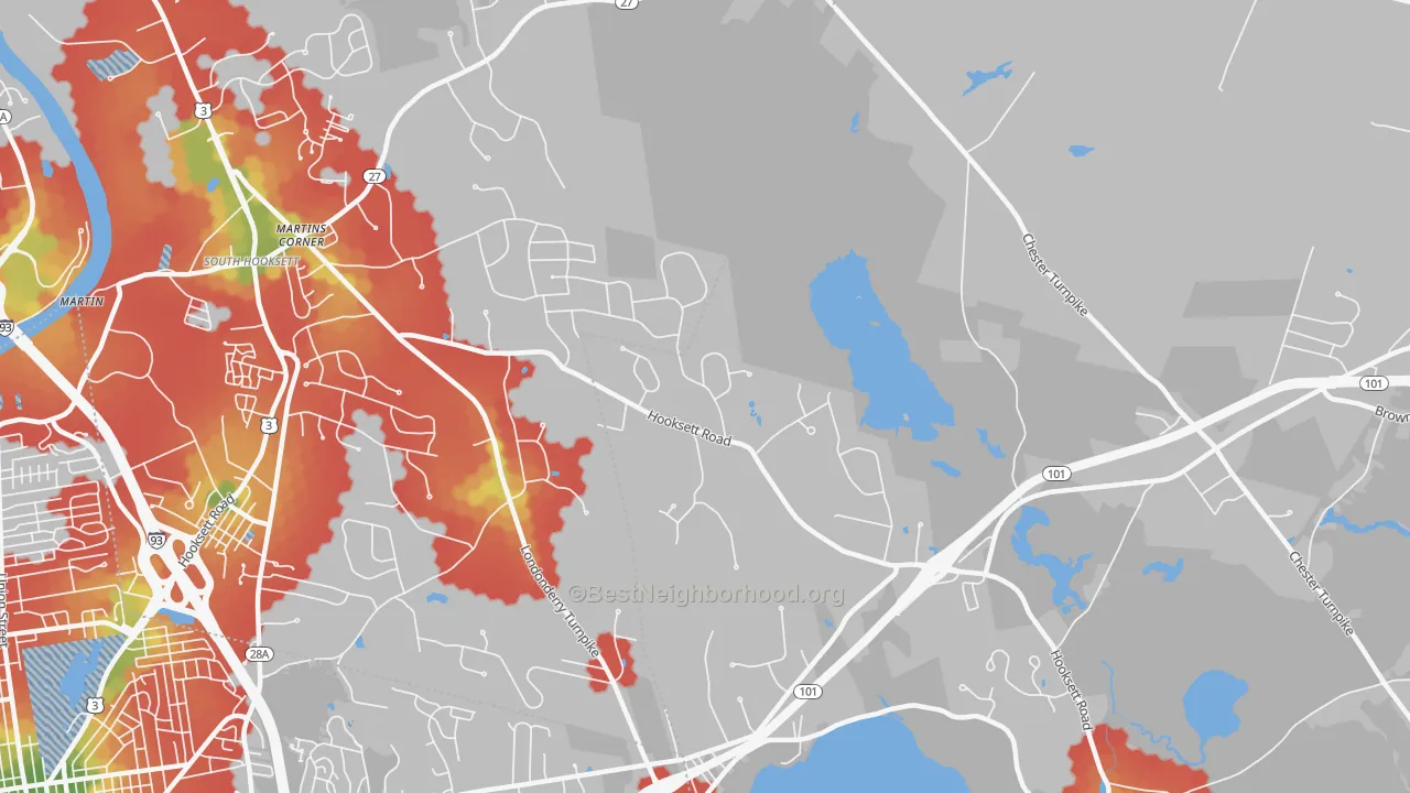 Walk Grade map of Severance, NH, walkable areas in green and car-dependent areas in red