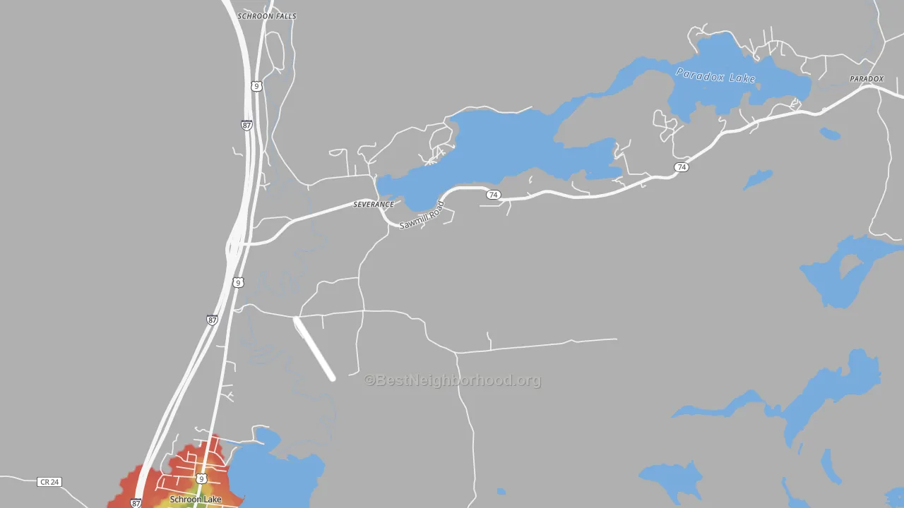 Walk Grade map of Severance, NY, walkable areas in green and car-dependent areas in red