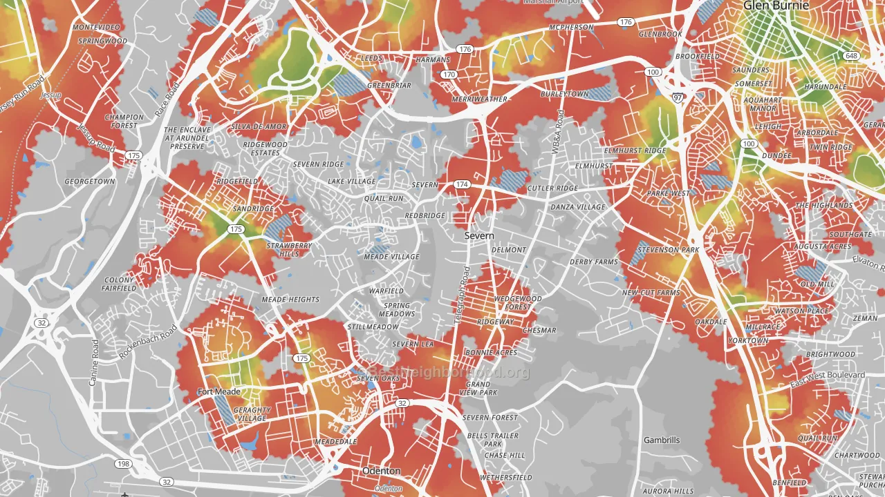 Walk Grade map of Severn, MD, walkable areas in green and car-dependent areas in red