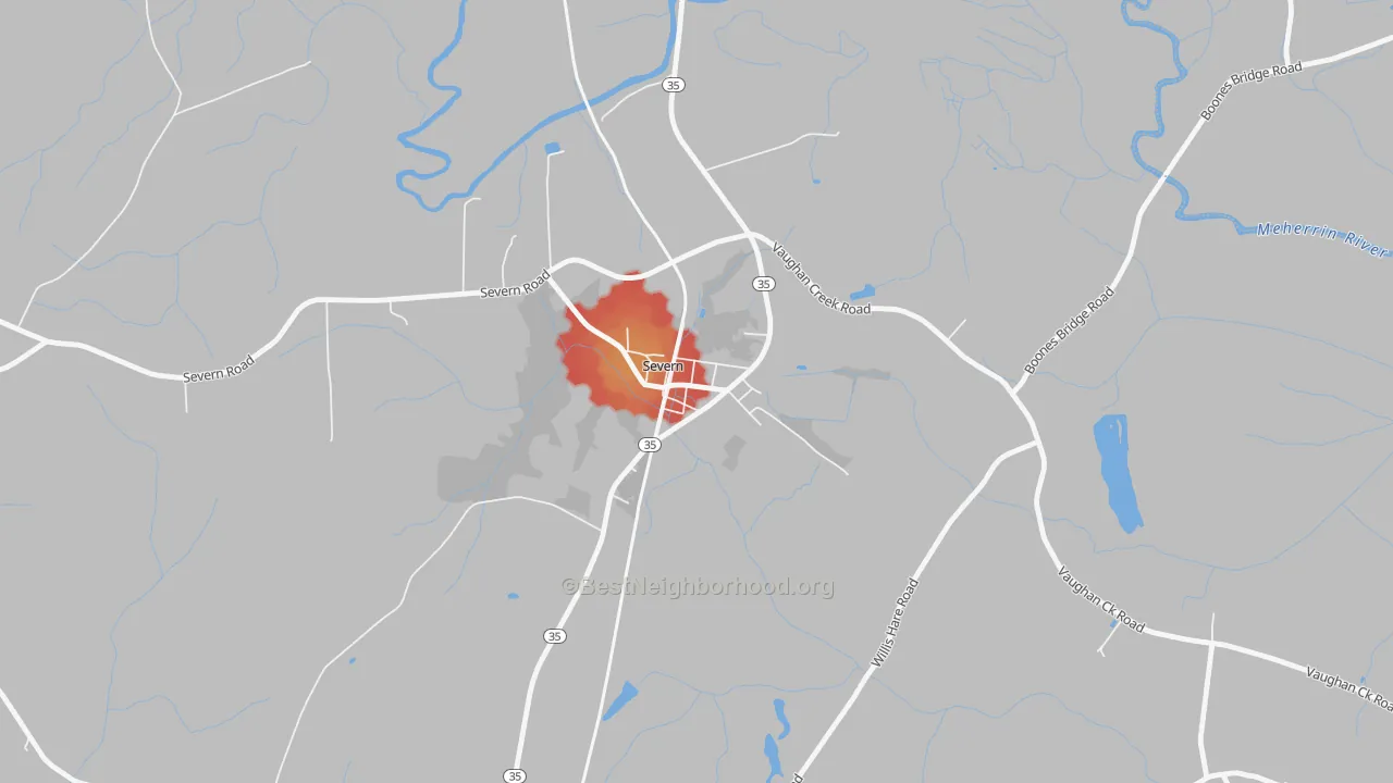 Walk Grade map of Severn, NC, walkable areas in green and car-dependent areas in red