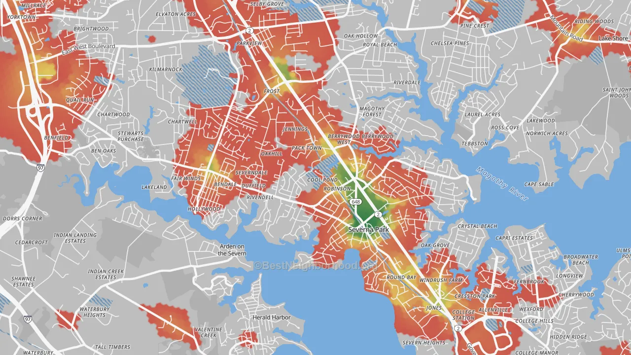 Walk Grade map of Severna Park, MD, walkable areas in green and car-dependent areas in red