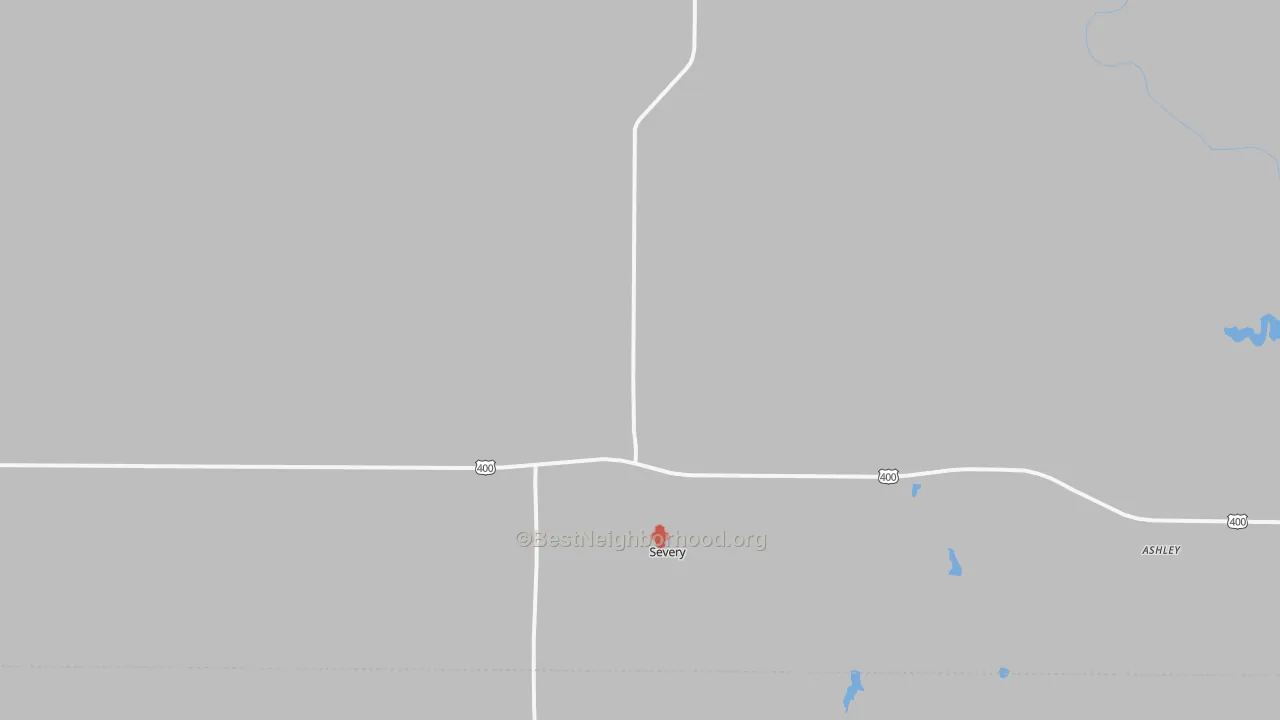Walk Grade map of Severy, KS, walkable areas in green and car-dependent areas in red