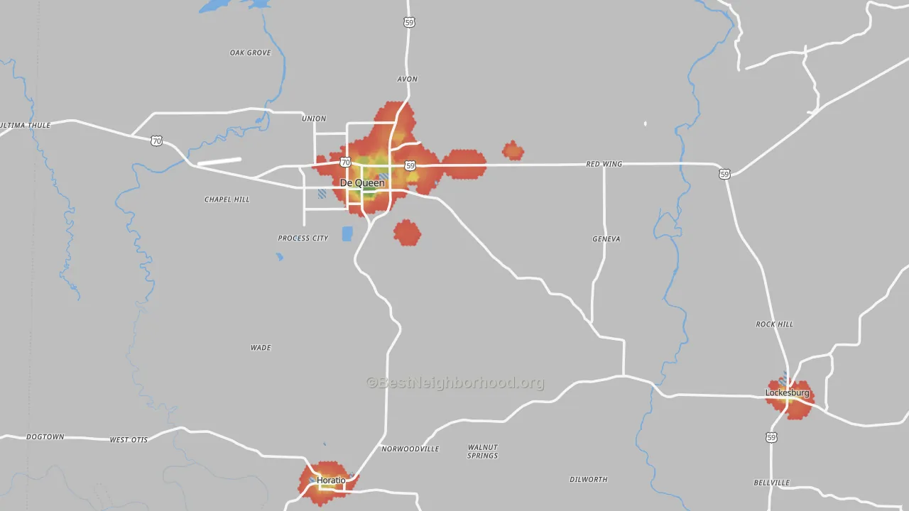 Walk Grade map of Sevier County, AR, walkable areas in green and car-dependent areas in red
