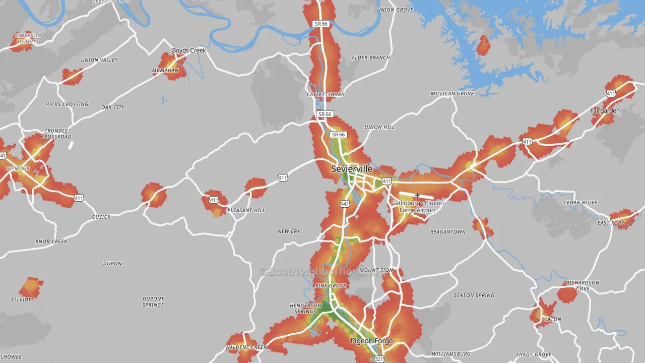 Walk Grade map of Sevier County, TN, walkable areas in green and car-dependent areas in red