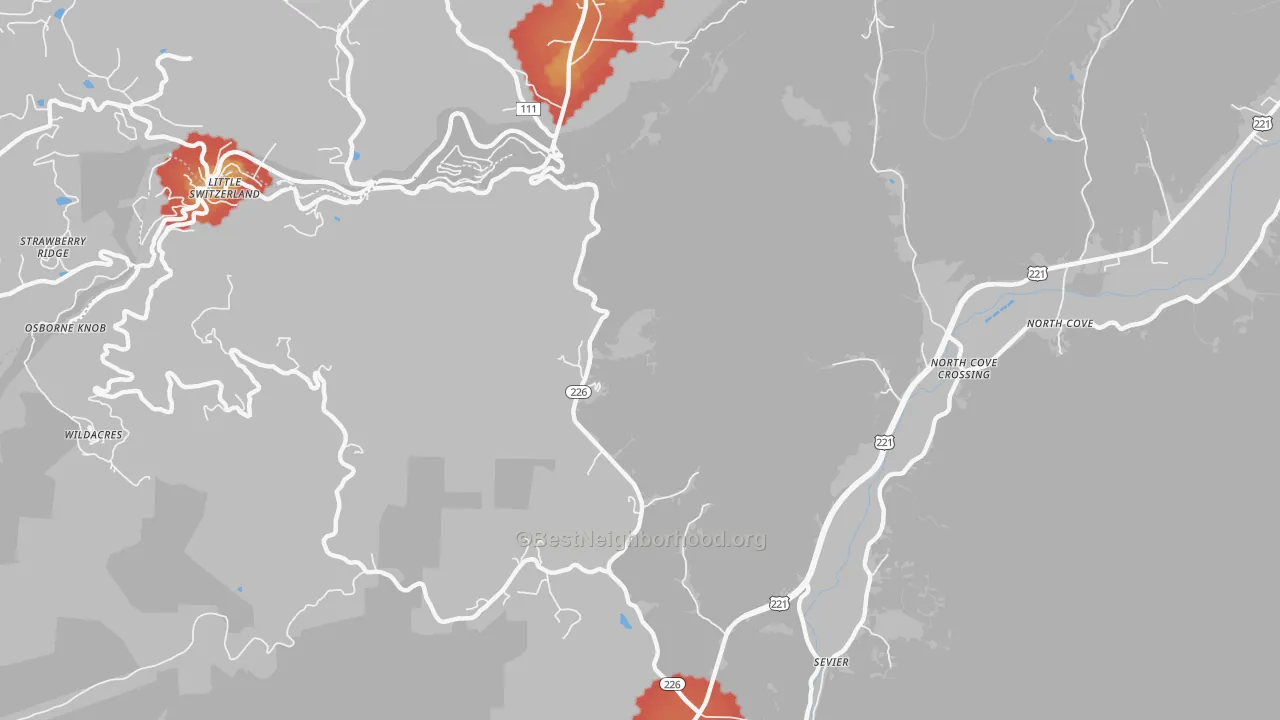 Walk Grade map of Sevier, NC, walkable areas in green and car-dependent areas in red