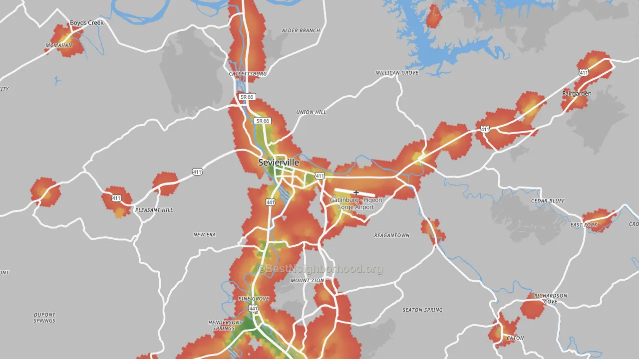 Walk Grade map of Sevierville, TN, walkable areas in green and car-dependent areas in red