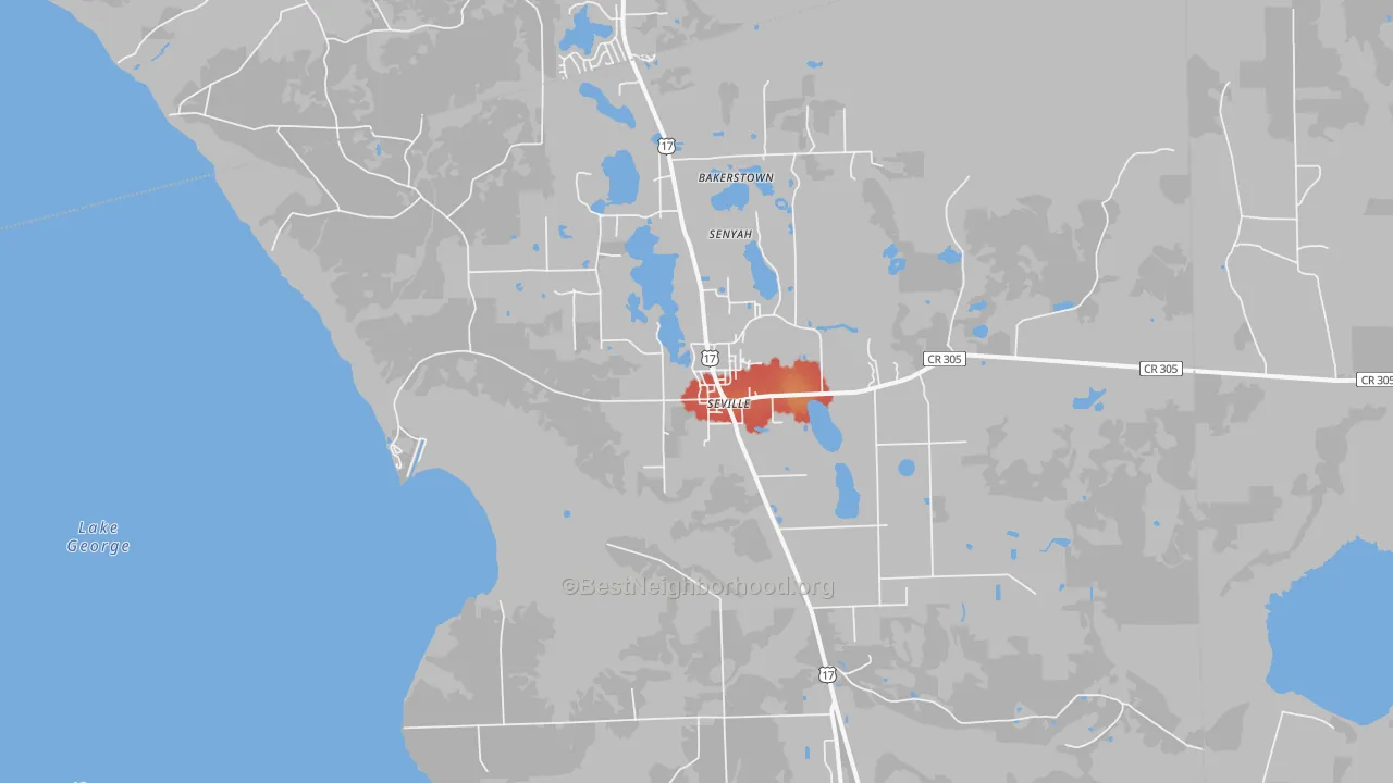 Walk Grade map of Seville, FL, walkable areas in green and car-dependent areas in red