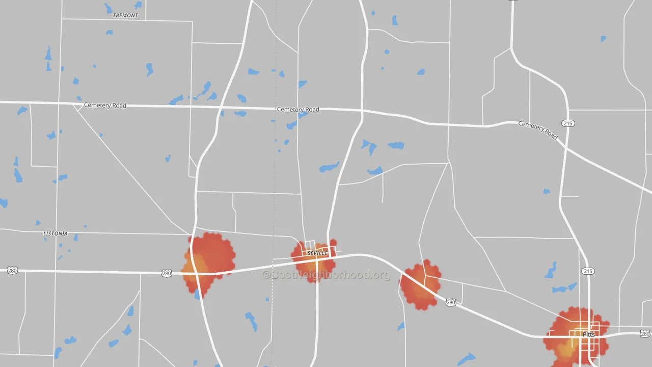 Walk Grade map of Seville, GA, walkable areas in green and car-dependent areas in red