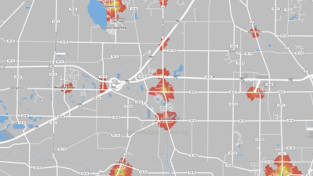Walk Grade map of Seville, OH, walkable areas in green and car-dependent areas in red
