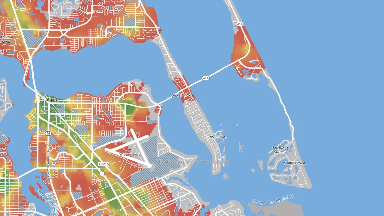 Walk Grade map of Sewalls Point, FL, walkable areas in green and car-dependent areas in red