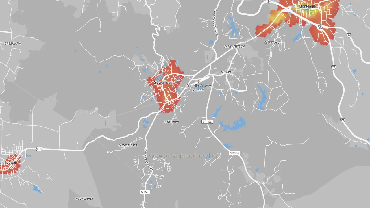 Walk Grade map of Sewanee, TN, walkable areas in green and car-dependent areas in red