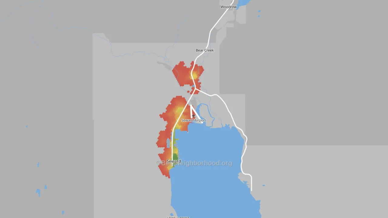 Walk Grade map of Seward, AK, walkable areas in green and car-dependent areas in red