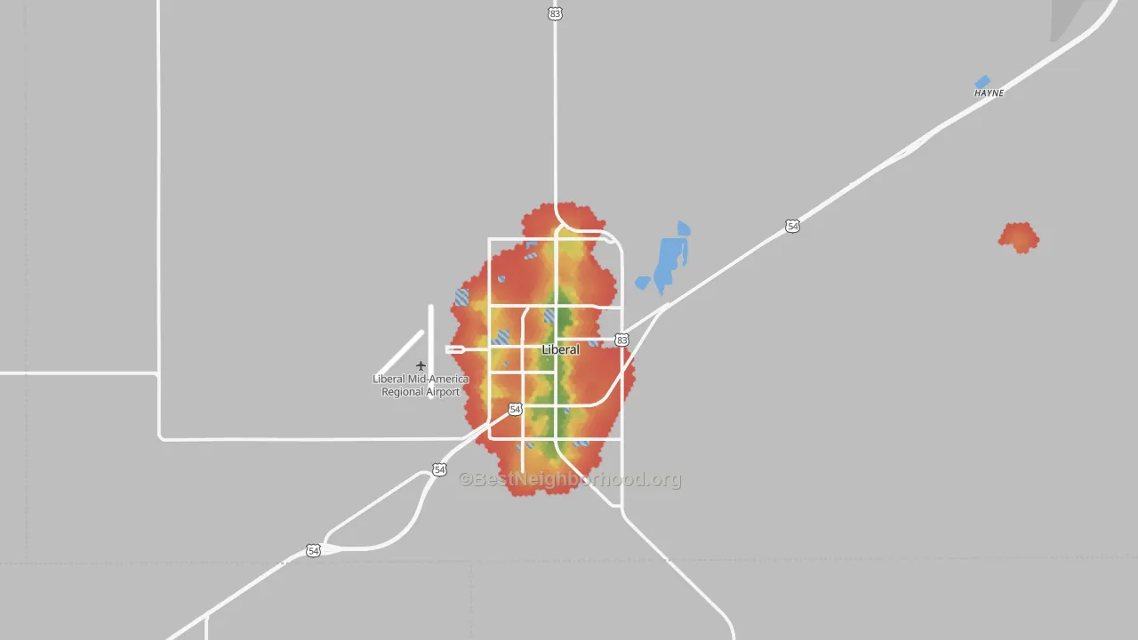 Walk Grade map of Seward County, KS, walkable areas in green and car-dependent areas in red