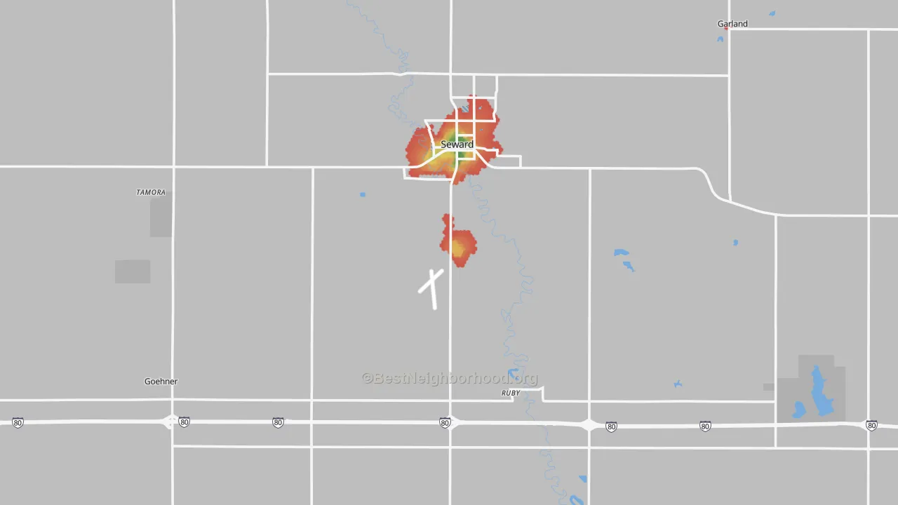 Walk Grade map of Seward County, NE, walkable areas in green and car-dependent areas in red