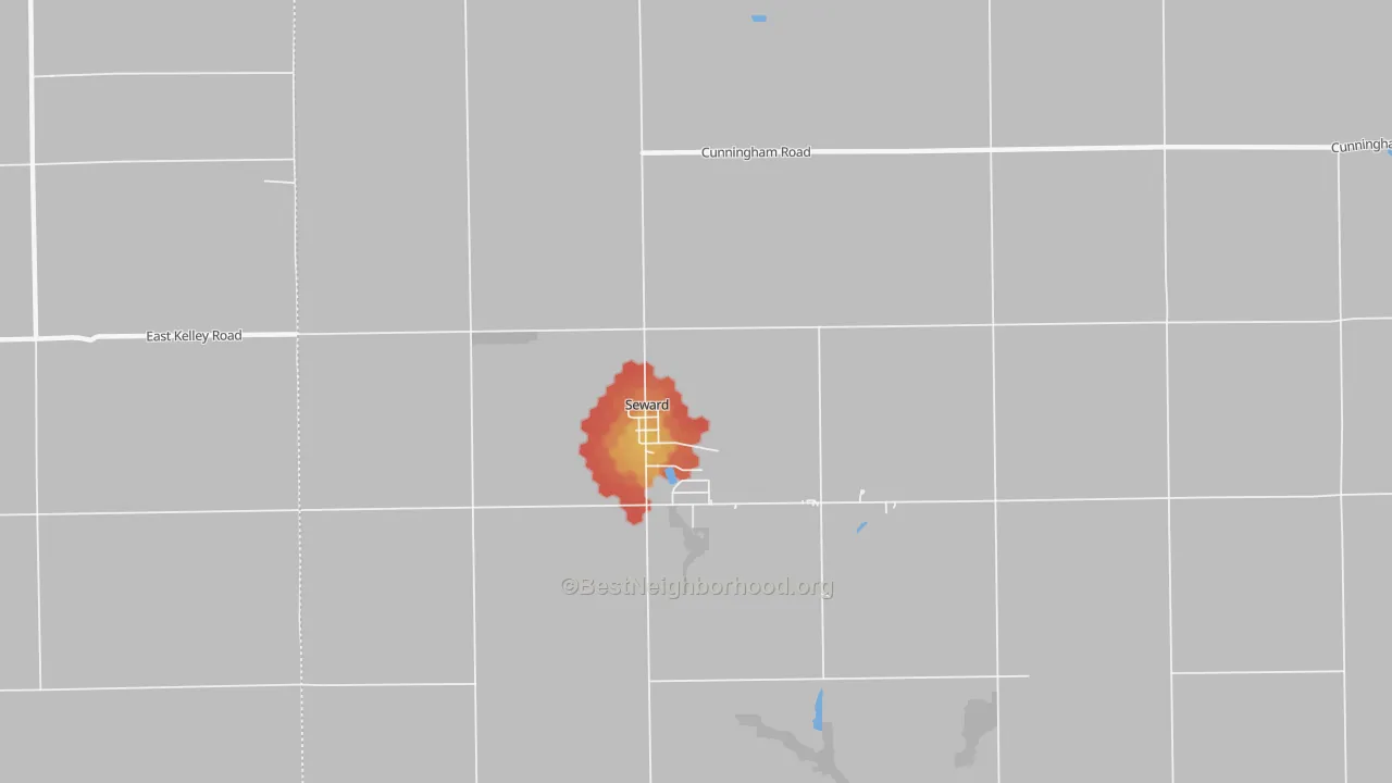 Walk Grade map of Seward, IL, walkable areas in green and car-dependent areas in red