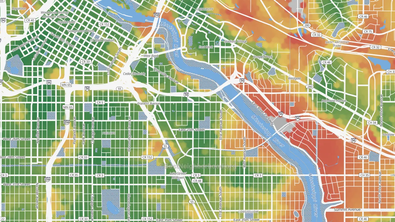 Walk Grade map of Seward, Minneapolis, MN, walkable areas in green and car-dependent areas in red