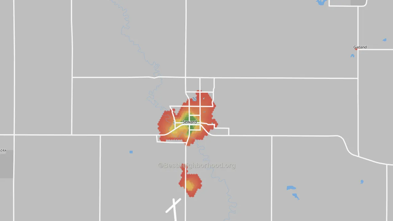 Walk Grade map of Seward, NE, walkable areas in green and car-dependent areas in red