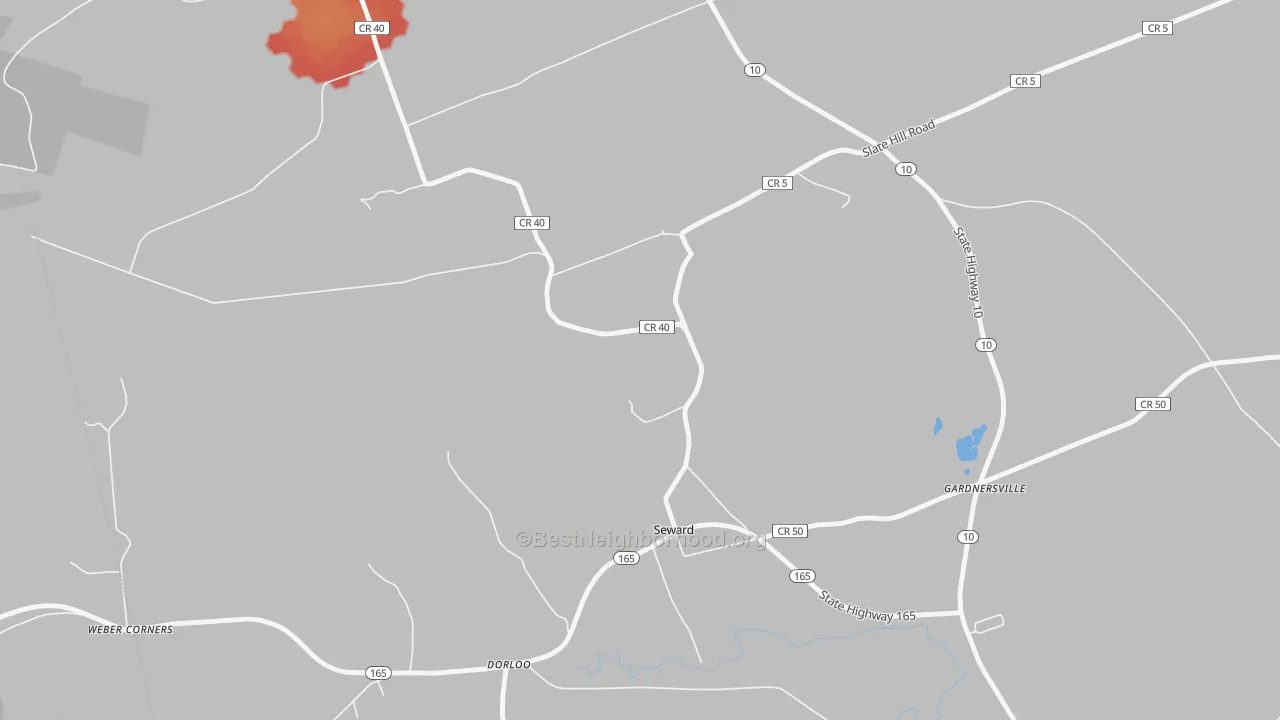 Walk Grade map of Seward, NY, walkable areas in green and car-dependent areas in red