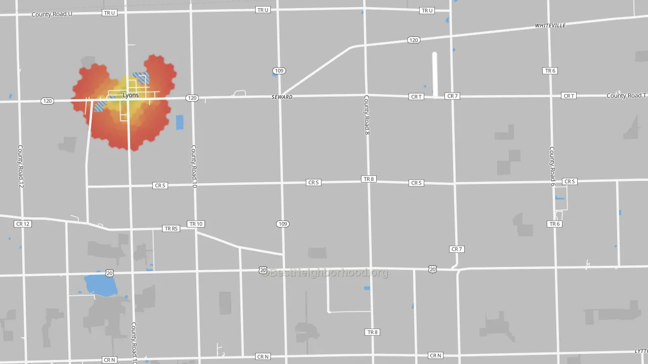Walk Grade map of Seward, OH, walkable areas in green and car-dependent areas in red