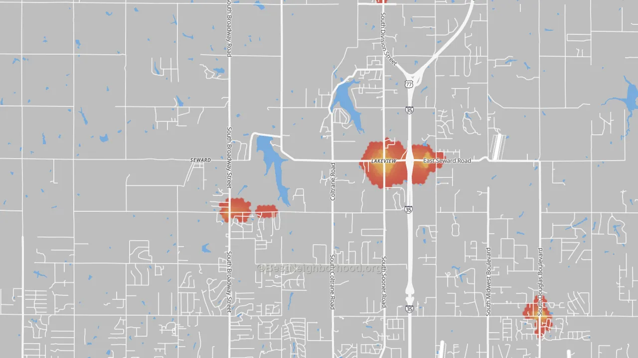 Walk Grade map of Seward, OK, walkable areas in green and car-dependent areas in red
