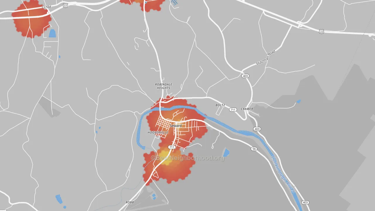 Walk Grade map of Seward, PA, walkable areas in green and car-dependent areas in red