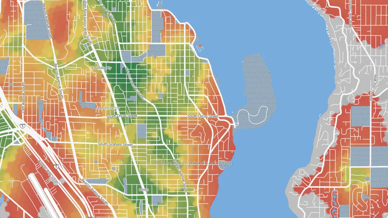 Walk Grade map of Seward Park, Seattle, WA, walkable areas in green and car-dependent areas in red