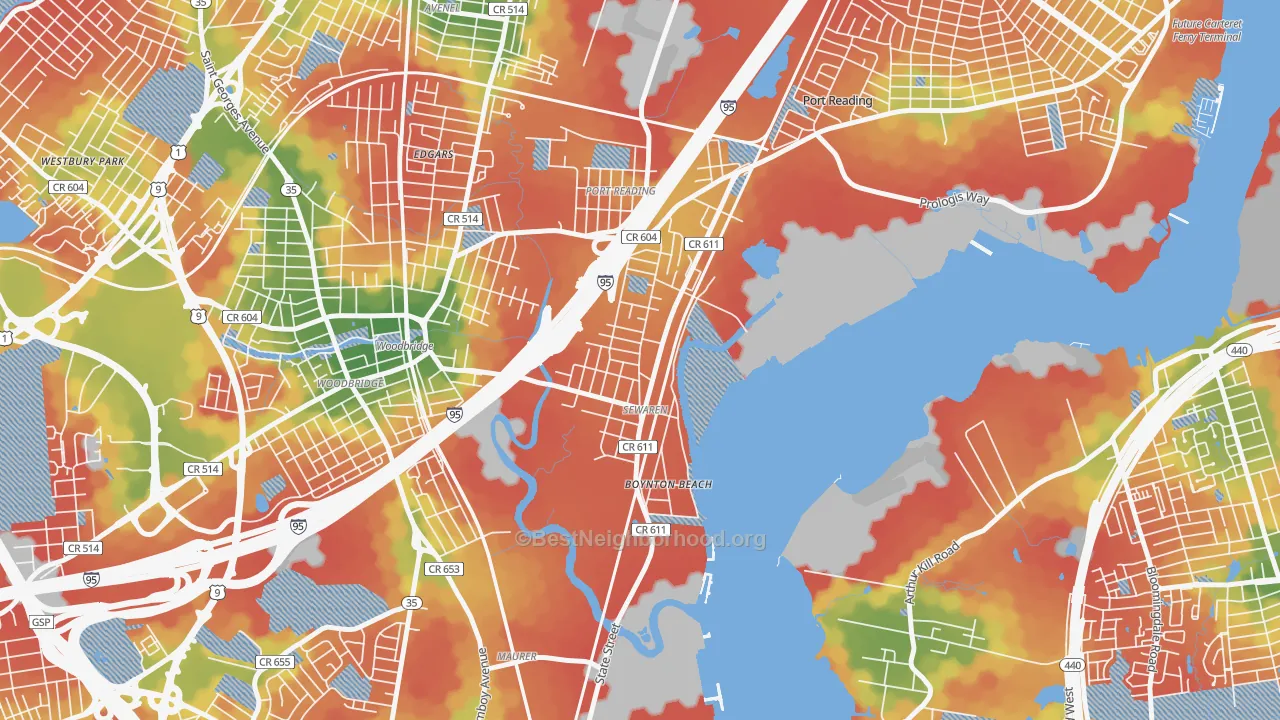 Walk Grade map of Sewaren, NJ, walkable areas in green and car-dependent areas in red