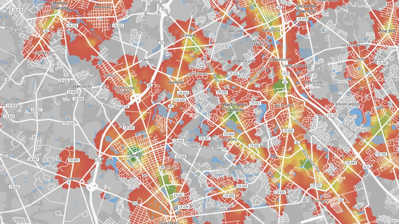 Walk Grade map of Sewell, NJ, walkable areas in green and car-dependent areas in red
