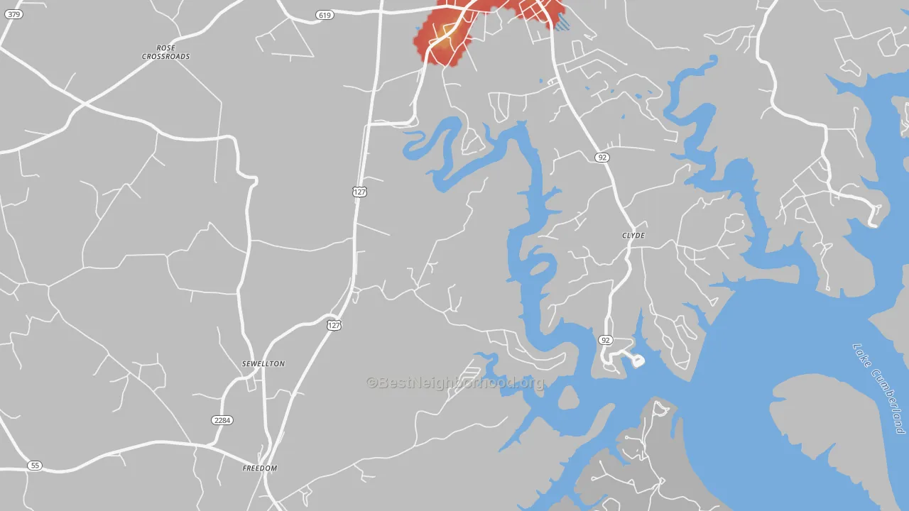 Walk Grade map of Sewellton, KY, walkable areas in green and car-dependent areas in red