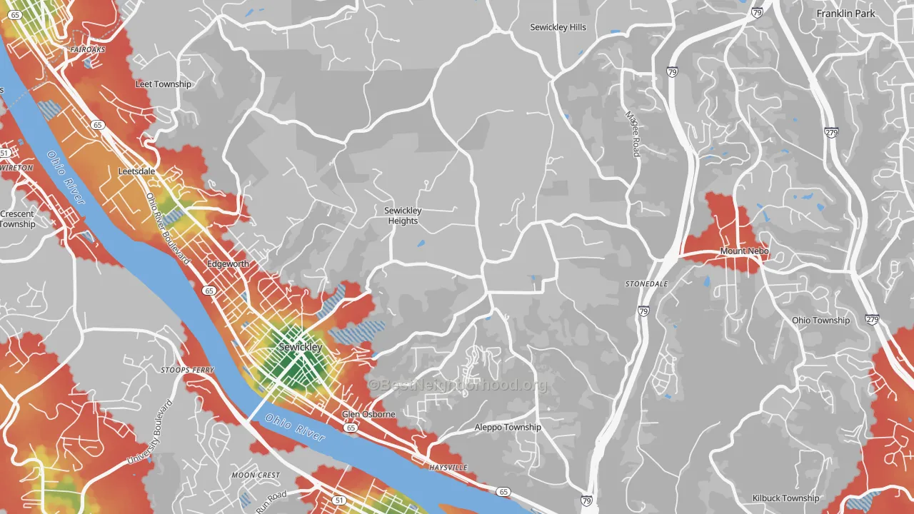 Walk Grade map of Sewickley Heights, PA, walkable areas in green and car-dependent areas in red