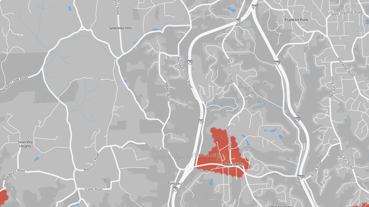 Walk Grade map of Sewickley Hills, PA, walkable areas in green and car-dependent areas in red