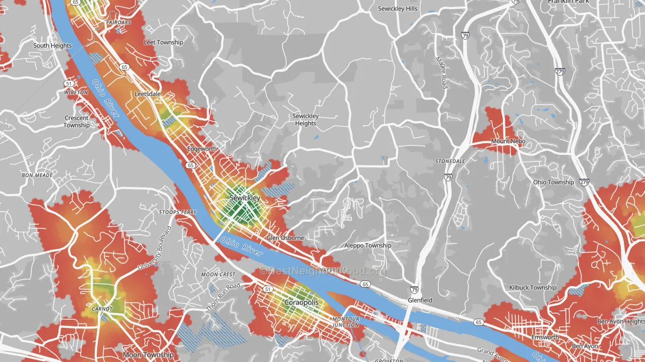 Walk Grade map of Sewickley, PA, walkable areas in green and car-dependent areas in red