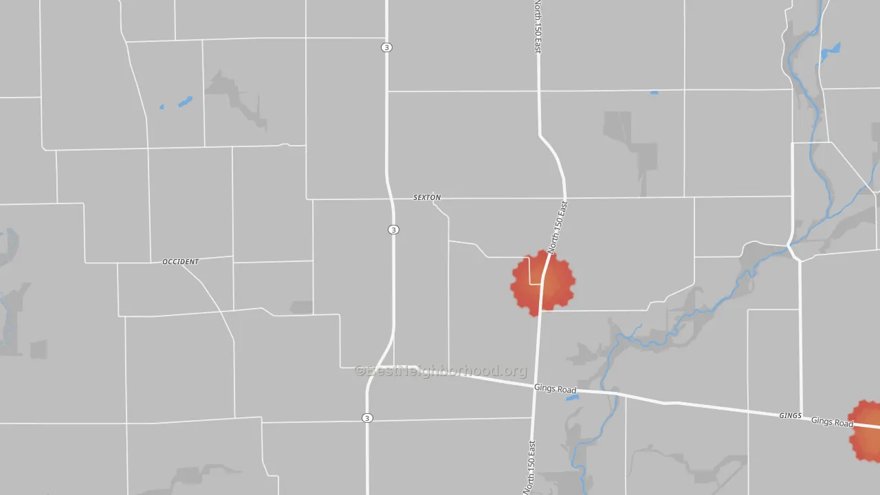 Walk Grade map of Sexton, IN, walkable areas in green and car-dependent areas in red