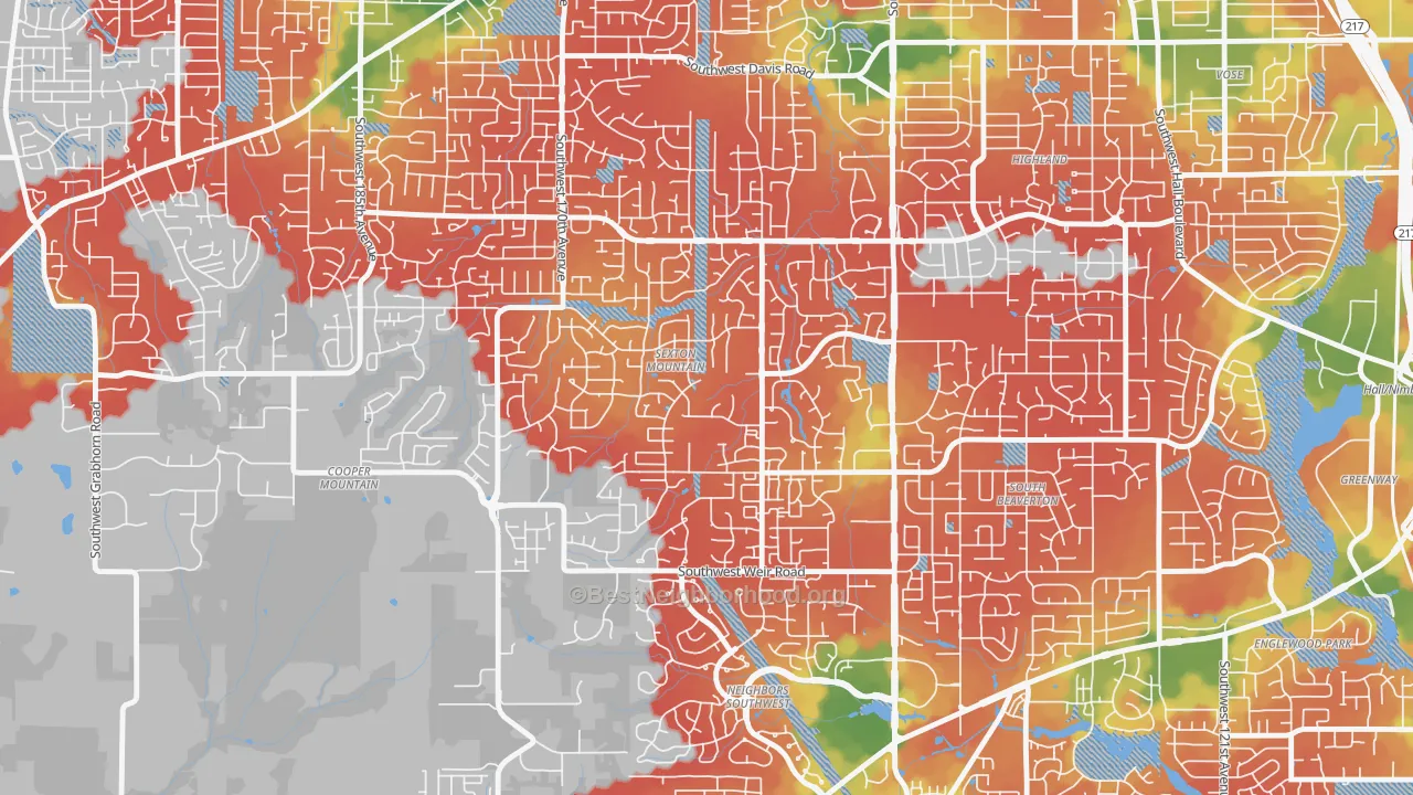 Walk Grade map of Sexton Mountain, Beaverton, OR, walkable areas in green and car-dependent areas in red