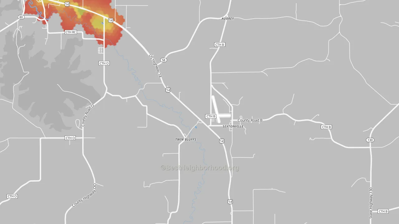 Walk Grade map of Sextonville, WI, walkable areas in green and car-dependent areas in red