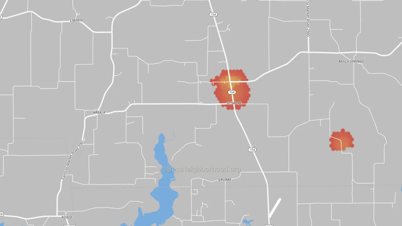 Walk Grade map of Seymore, TX, walkable areas in green and car-dependent areas in red