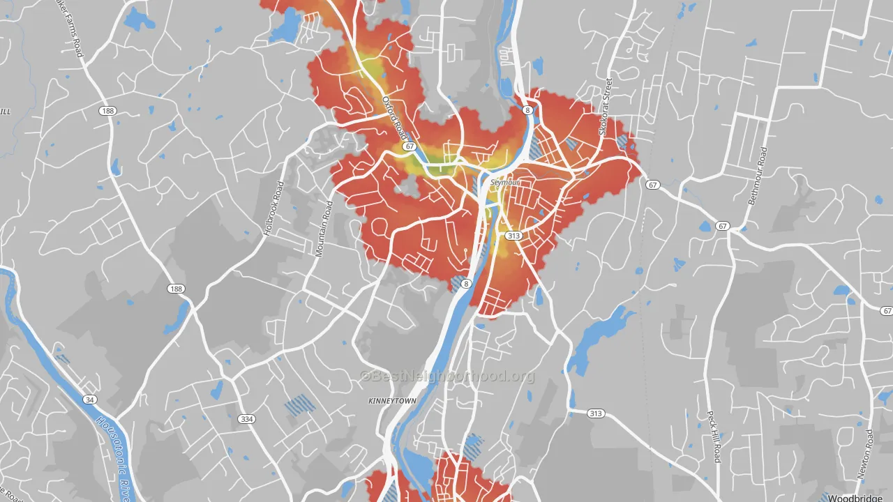Walk Grade map of Seymour, CT, walkable areas in green and car-dependent areas in red