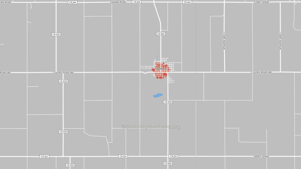 Walk Grade map of Seymour, IA, walkable areas in green and car-dependent areas in red