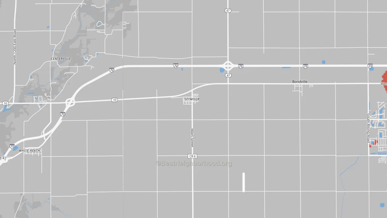 Walk Grade map of Seymour, IL, walkable areas in green and car-dependent areas in red