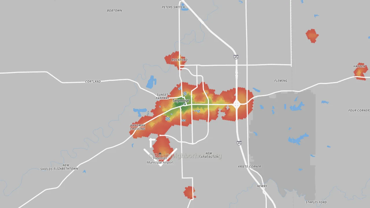 Walk Grade map of Seymour, IN, walkable areas in green and car-dependent areas in red